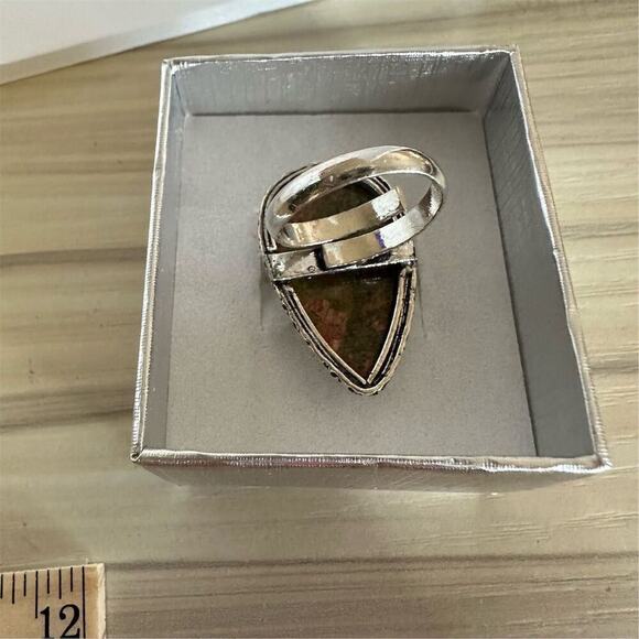 💕 Handmade Unakite Cabochon Silver plated Ring Olive Green Oval adjustable - Picture 2 of 3